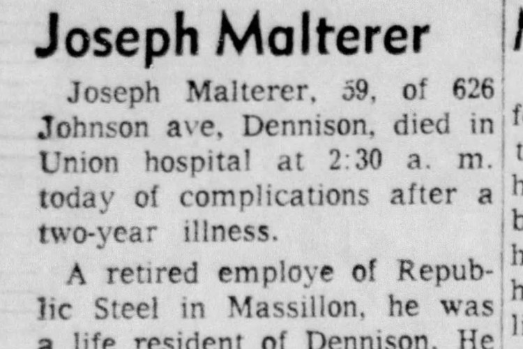 Obituary of Joseph Malterer in the New Philadelphia, Ohio newspaper, April 1965. (Source: newspapers.com)
