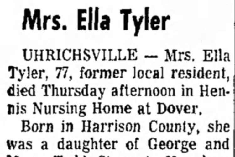 Detail from the New Philadelphia, Ohio obituary of Ella Tyler, January 1971. (Source: newspapers.com)