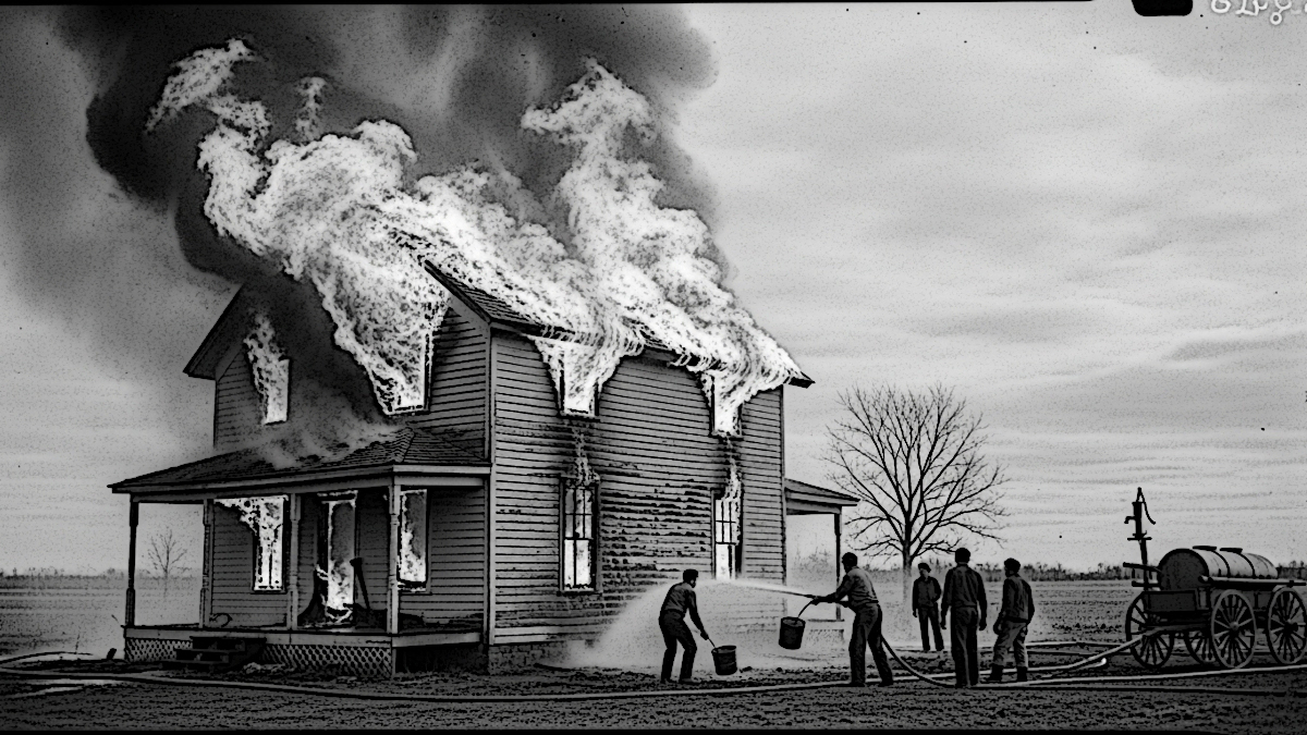 Ai generated image depicting a rural Ohio farmhouse on fire. (Source: ImageFX)