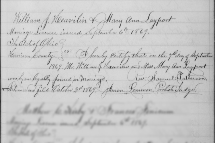 Marriage of William Heavilin and Mary Layport recorded in the Harrison County records, September 1869. (Source: familysearch.org)