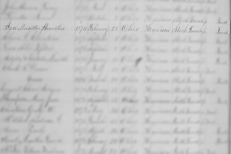Birth of Isa Musetta Heavilin recorded in the Harrison County, Ohio records, February 1874. (Source: familysearch.org)
