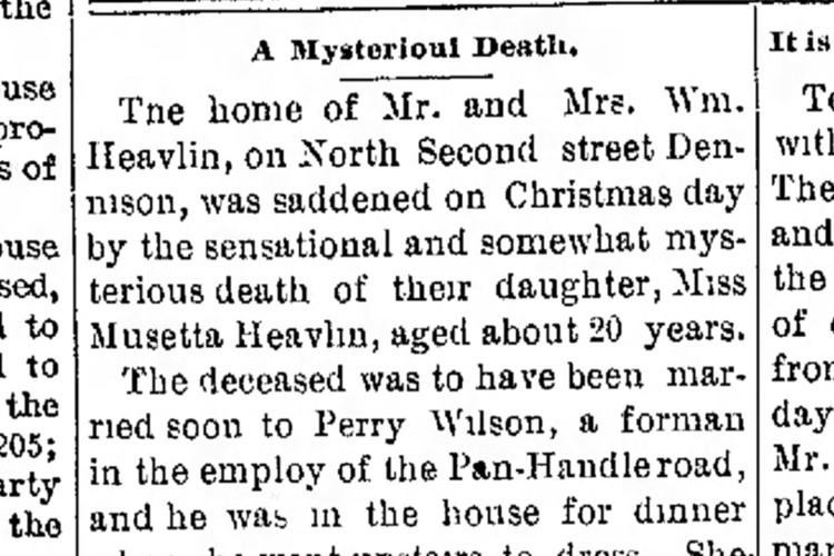 New Philadelphia, Ohio newspaper article on the mysterious death of Isa Musetta Heavilin, January 1896. (Source: newspaperarchive.com)