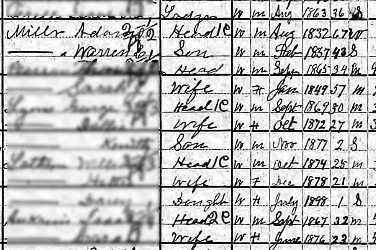 Warren Miller and his father recorded on the 1900 census for Newcomerstown, Ohio. (Source: familysearch.org)