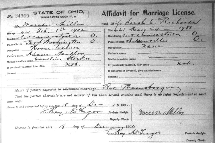 Warren Miller's marriage to Sarah Richards recorded in the Tuscarawas County records, December 1901. (Source: familysearch.org)