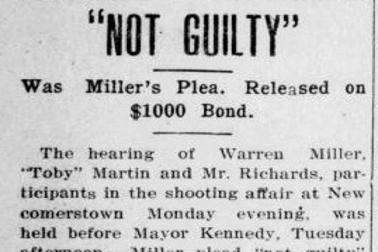New Philadelphia, Ohio newspaper headline on Warren Miller's not guilty plea, November 1908. (Source: newspapers.com)