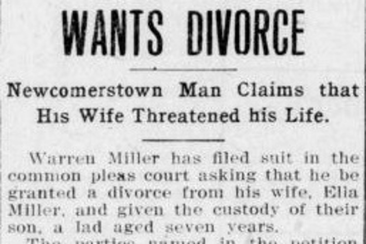 New Philadelphia, Ohio newspaper headline on Warren Miller's divorce filing, November 1908. (Source: newspapers.com)