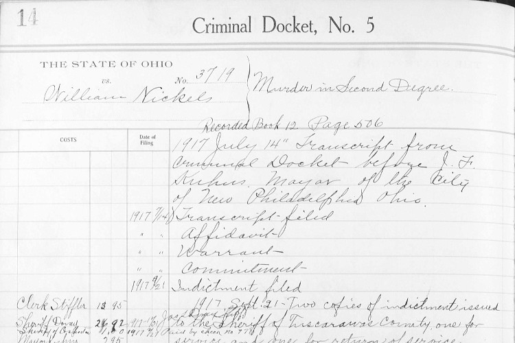 Detail from the criminal docket record of William Nickles, 1917. (Source: familysearch.org)