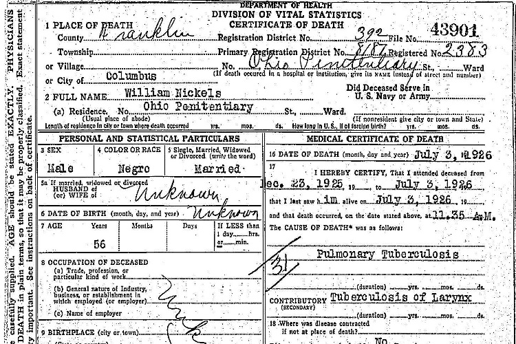 Detail from William Nickles' death certificate, July 1925. (Source: familysearch.org)