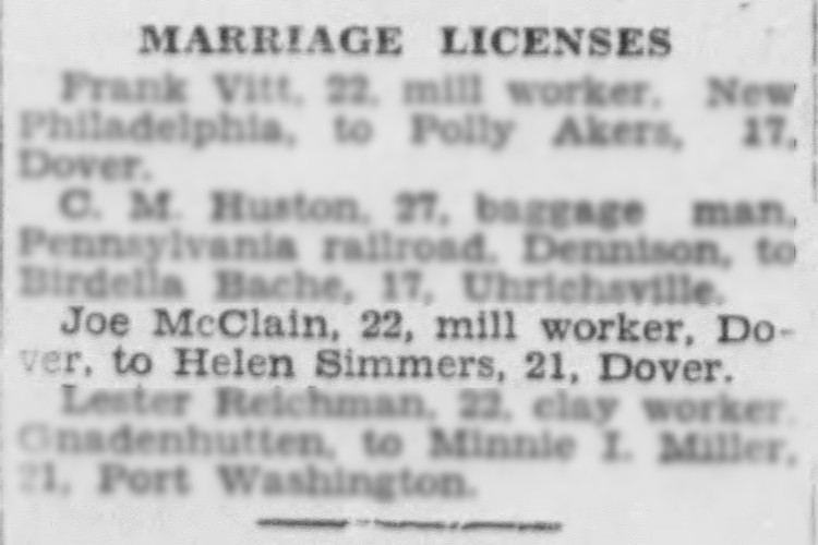 Joseph McClain and Helen Simmers' marriage license reported in the New Philadelphia, Ohio newspaper, January 1929. (Source: newspapers.com)
