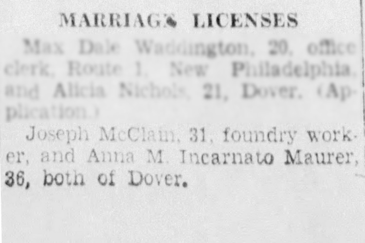 Joseph McClain and Anna Incarnato Maurer's marriage license reported in the New Philadelphia, Ohio newspaper, August 1942. (Source: newspapers.com)