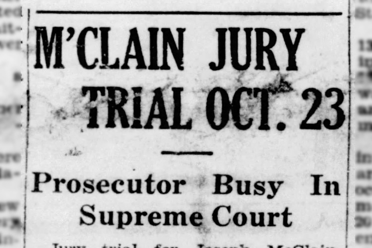 Newspaper headline on Joseph McClain's trial date for his shooting rampage, October 1946. (Source: newspapers.com)
