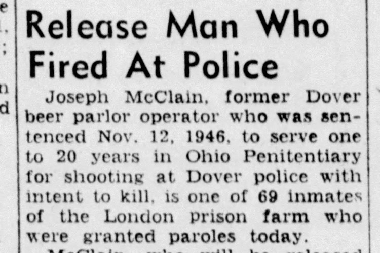New Philadelphia, Ohio newspaper story on Joseph McClain's parole, October 1949. (Source: newspapers.com)