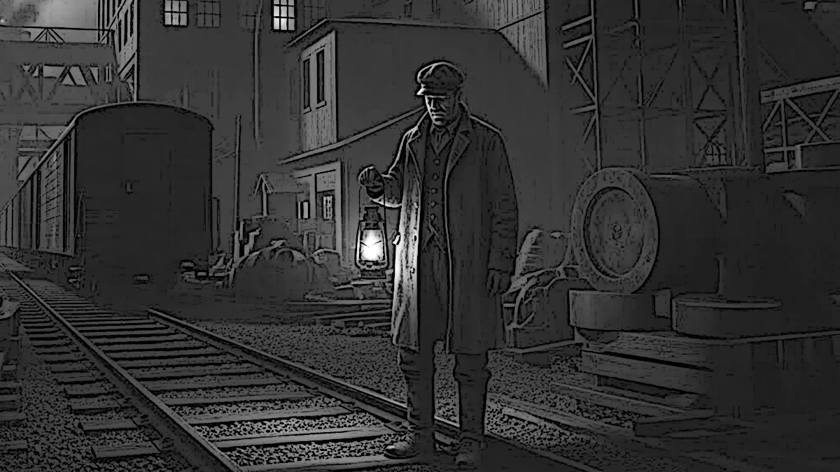 Ai generated image depicting a night watchman making his rounds on an industrial site in the 1910s. (Source: ImageFx)