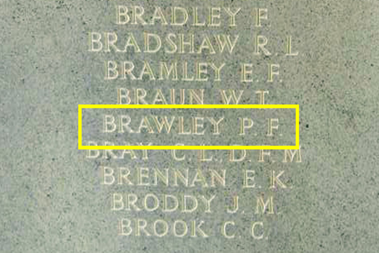 Paul Brawley's name listed on the Canadian Bomber Memorial Panels at Runnymede Memorial, Englefield Green, Runnymede Borough, Surrey, England. (Source: findagrave.com)