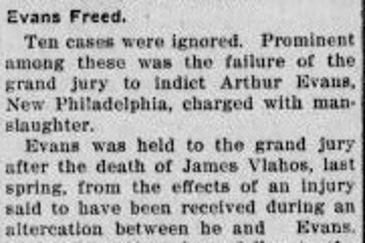 New Philadelphia, Ohio newspaper report on the Arthur Evans grand jury not issuing an indictment, October 1913. (Source: newspapers.com)