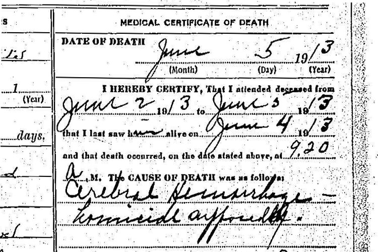 Detail from John Vlohasthanal's death certificate, June 1913. (Source: familysearch.org)