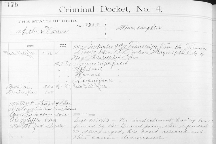 Arthur Evans' criminal docket record, September 1913. (Source: familysearch.org)