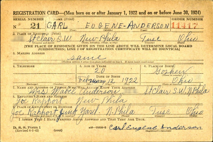 Carl Anderson's World War Two draft registration card, June 1940. (Source: familysearch.org)
