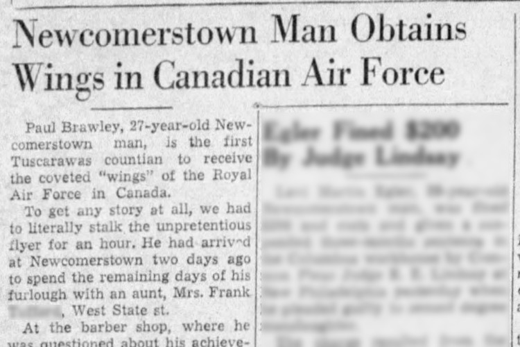 Article in the Coshocton, Ohio newspaper about Paul Brawley receiving his RCAF pilot's wings, October 1941. (Source: newspapers.com)