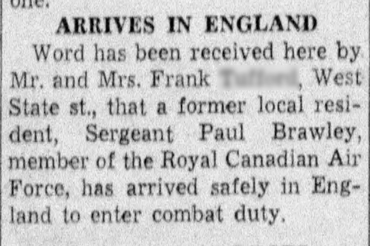 Article in the Coshocton, Ohio newspaper about Paul Brawley arriving in England, December 1941. (Source: newspapers.com)