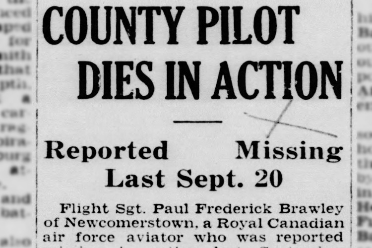 New Philadelphia, Ohio newspaper article on the death of Paul Brawley, June 1943. (Source: newspapers.com)