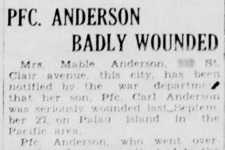 New Philadelphia, Ohio newspaper article reporting Carl Anderson's wounding, October 1944. (Source: newspapers.com)
