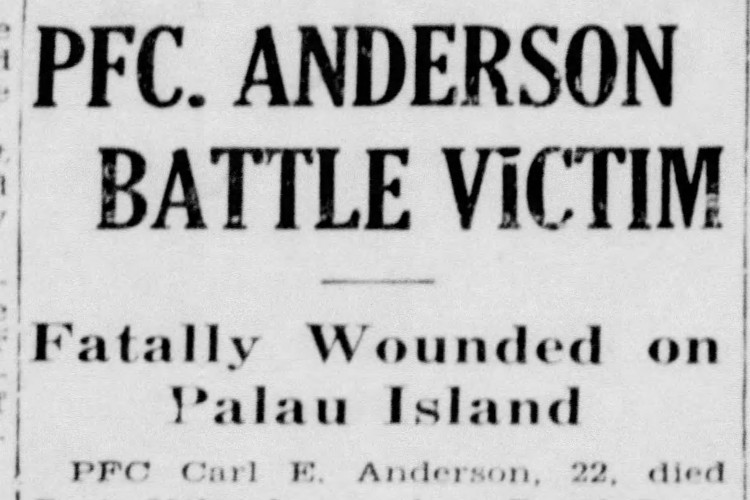 New Philadelphia, Ohio newspaper article reporting Carl Anderson's death, October 1944. (Source: newspapers.com)