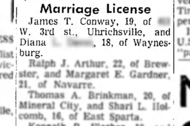 New Philadelphia, Ohio newspaper story reporting James T. Conway's marriage license, May 1966. (Source: newspapers.com)