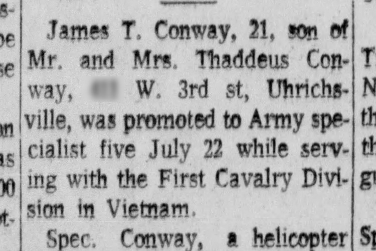 New Philadelphia, Ohio newspaper story reporting James T. Conway's promotion to Specialist 5 and his role as a helicopter mechanic, August 1967. (Source: newspapers.com)
