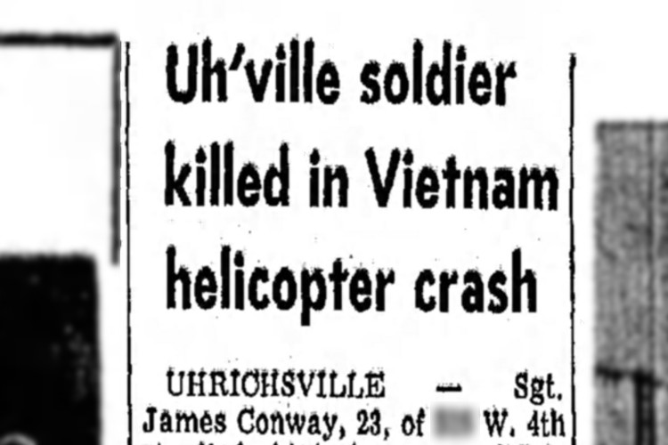 New Philadelphia, Ohio newspaper article reporting the death of SP6 James T. Conway, April 1970. (Source: newspapers.com)