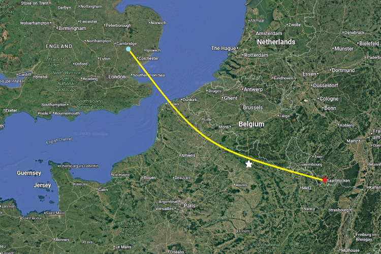 Map showing the approximate route flown by Brawley's aircraft and where it was shot down (white star). (Source: google.com)