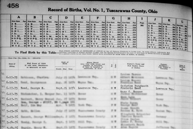 George Reed's birth recorded in the Tuscarawas County records, September 1874. (Source: familysearch.org)