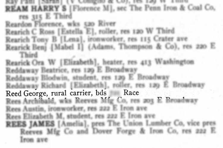 George Reed recorded in the 1907 city directory for Dover, Ohio. (Source: ancestry.com)