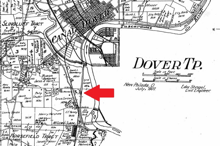 The location where George Reed's body was discovered near the Ohio Canal lock at Blickstown highlighted on the 1908 map of Dover Township (Source: ancestry.com)