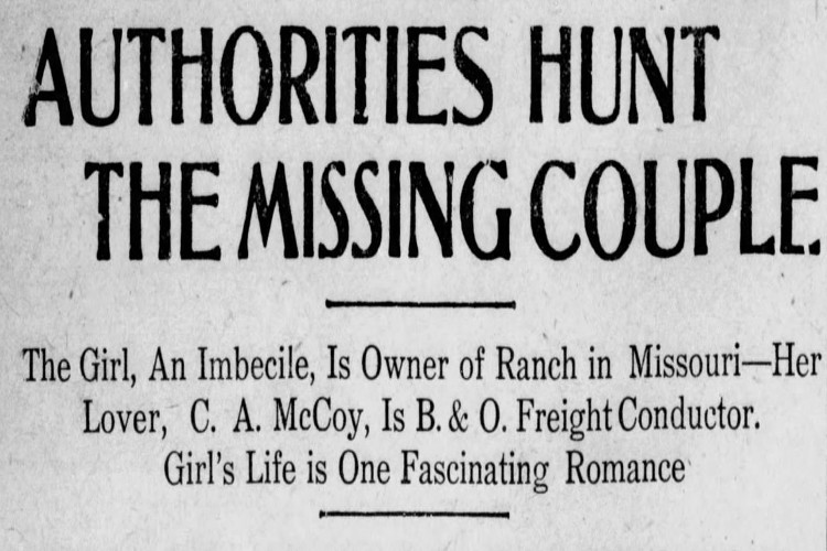 New Philadelphia, Ohio newspaper headline reporting the elopement of Charles McCoy and Tillie Lauer, November 1909. (Source: newspapers.com)