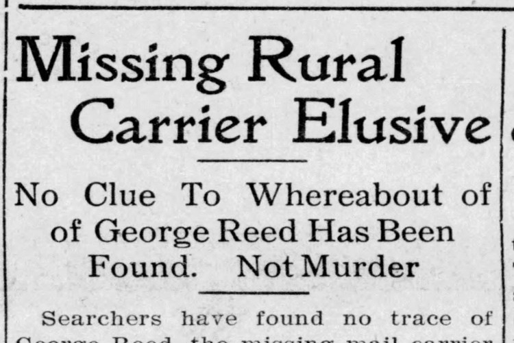 New Philadelphia, Ohio newspaper headline reporting on George Reed's disappearance, November 1909. (Source: newspapers.com)