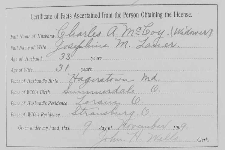West Virginia marriage record of Charles McCoy and Josephine Lauer, November 1909. (Source: archive.wvculture.org)
