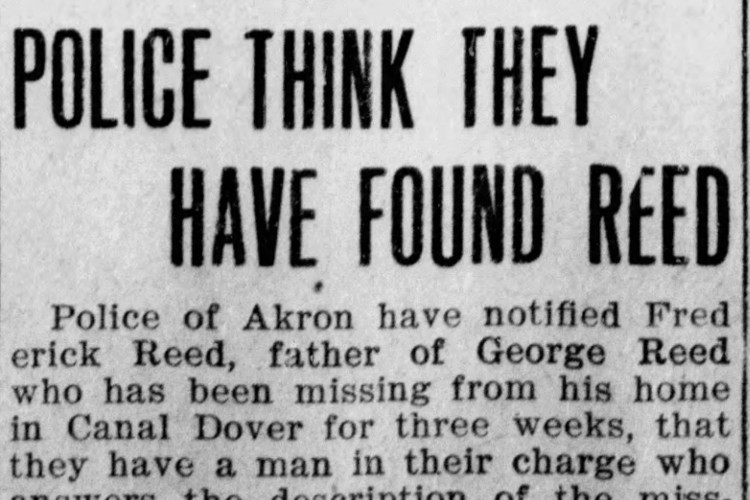 New Philadelphia, Ohio newspaper headline reporting on a possible lead in the investigation of George Reed's disappearance, December 1909. (Source: newspapers.com)