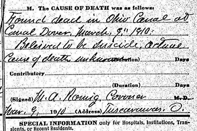 The coroner's note on George Reed's cause of death on Reed's death certificate, March 1910. (Source: familysearch.org)