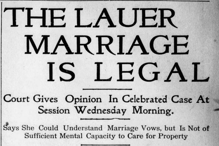 New Philadelphia, Ohio newspaper headline reporting on the the marriage of Charles McCoy and Tillie Lauer, June 1910. (Source: newspapers.com)