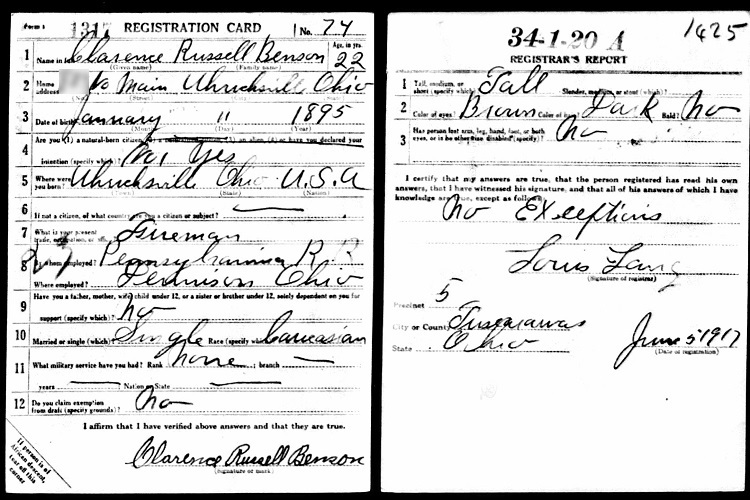 Clarence R Benson's World War One draft registration card, June 1917. (Source: familysearch.org)
