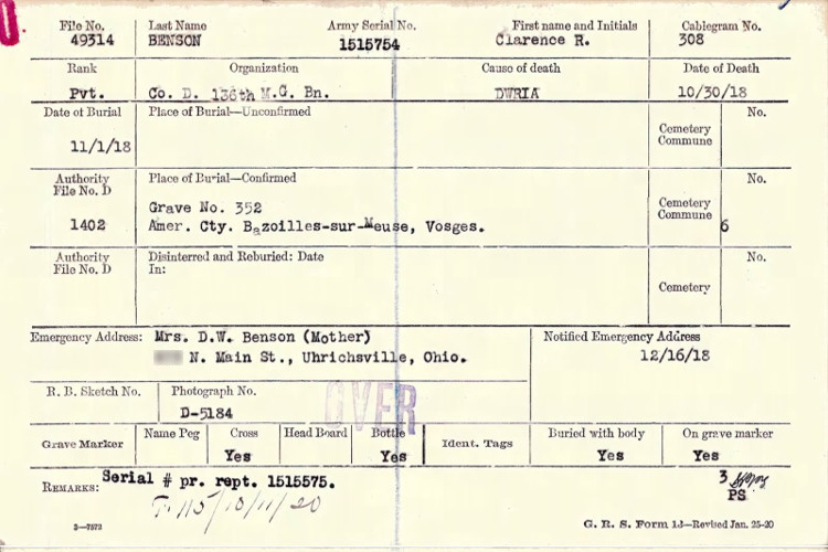 Clarence Benson's military burial record, 1921. (Source: Fold3.com)