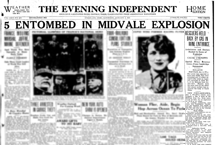 Massillon, Ohio newspaper headline and story on the Midvale mine explosion, January 1931. (Source: newspapers.com)