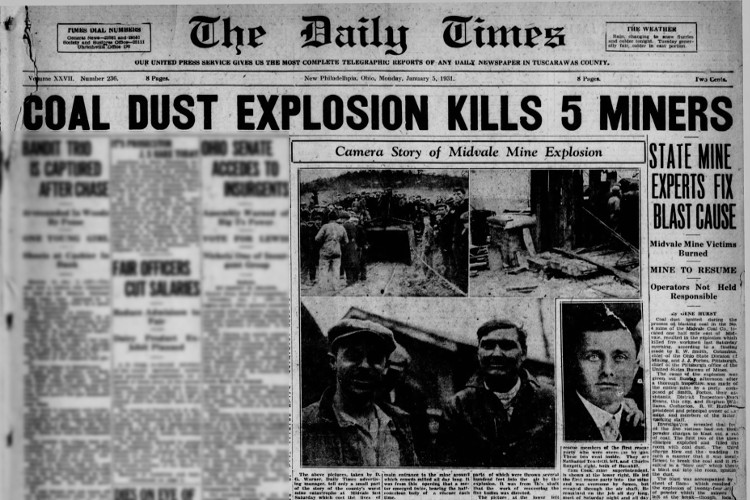 New Philadelphia, Ohio newspaper headline and story on the Midvale mine explosion, January 1931. (Source: newspapers.com)