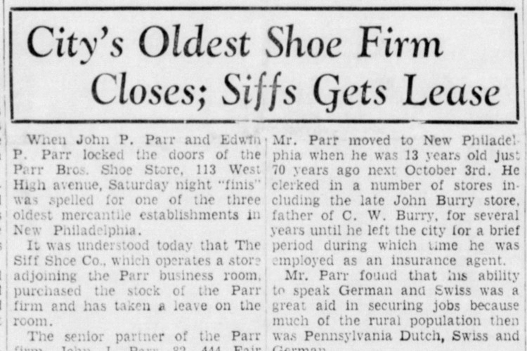New Philadelphia, Ohio newspaper article on the sale of the Parr Brothers shoe store, August 1941. (Source: newspapers.com)