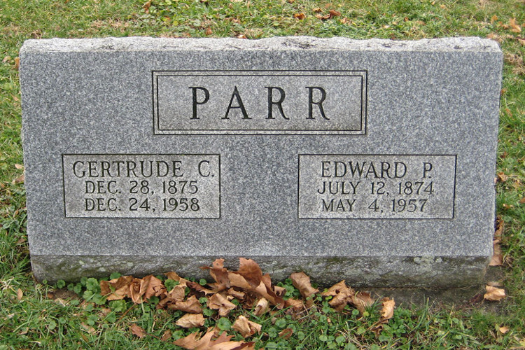 Edwin and Gertude Parr's headstone in East Avenue Cemetery in New Philadelphia, Ohio, 2012. (Source: findagrave.com)