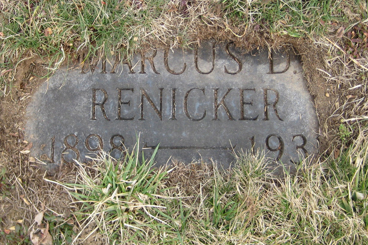 Marcus Renicker's headstone in Evergreen Burial Park, New Philadelphia, Ohio, 2013. (Source: findagrave.com)
