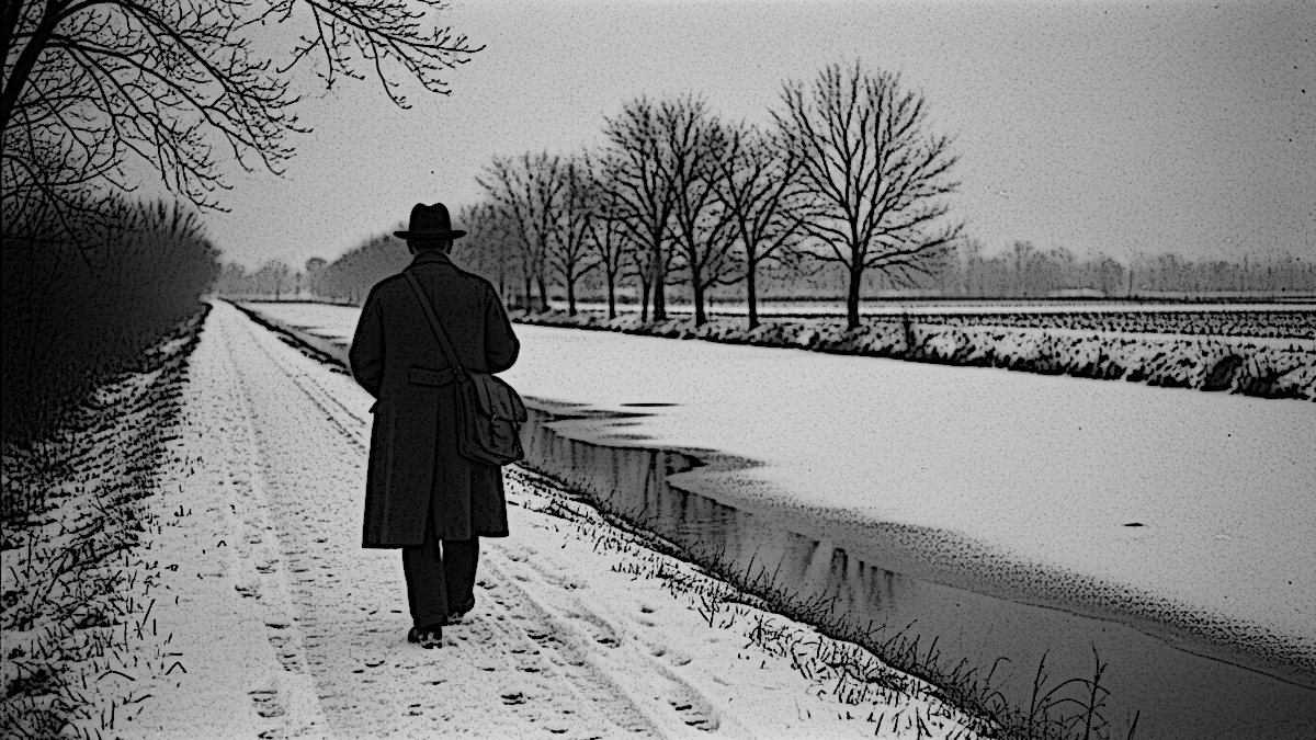 Ai generated image depicting George Reed walking along the Ohio Canal in the winter time, 2025. (Source: ImageFx)