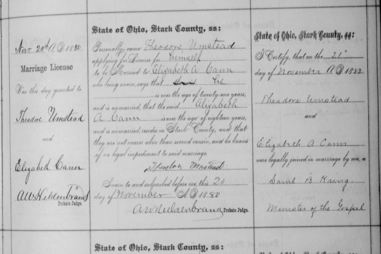 Record of Theodore Umstead's marriage to Elizabeth Conn, November 1880. (Source: familysearch.org)