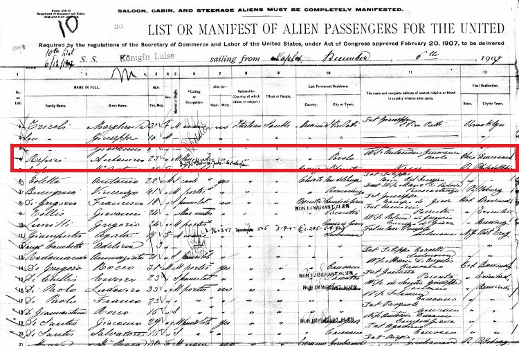 Antonio Repici arrival in 1907 recorded in immigration records, December 1907. (Source: ancestry.com)